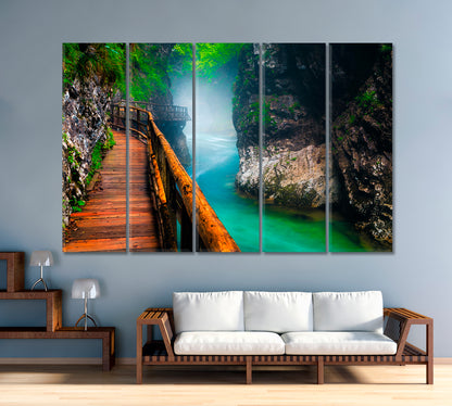 Narrow Foggy Vintgar Gorge with Wooden Footbridge Slovenia Canvas Print-Canvas Print-CetArt-1 Panel-24x16 inches-CetArt