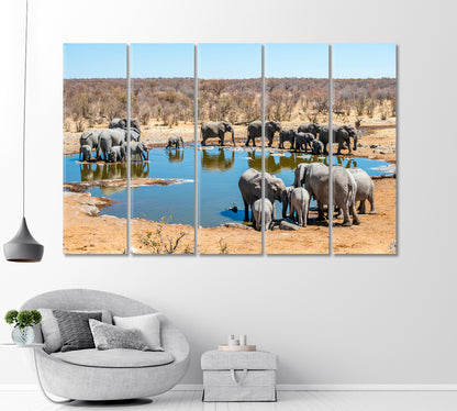 Large Family of African Elephants Drinking at a Waterhole Canvas Print-Canvas Print-CetArt-1 Panel-24x16 inches-CetArt