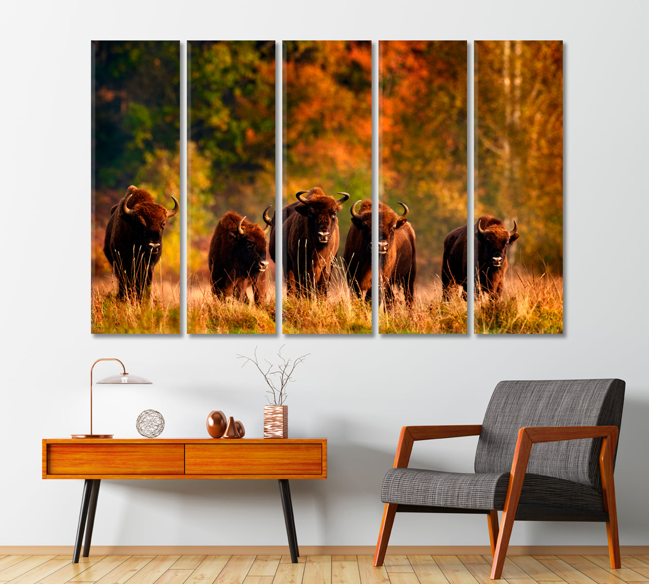 Bison Herd in the Autumn Forest Canvas Print-Canvas Print-CetArt-1 Panel-24x16 inches-CetArt