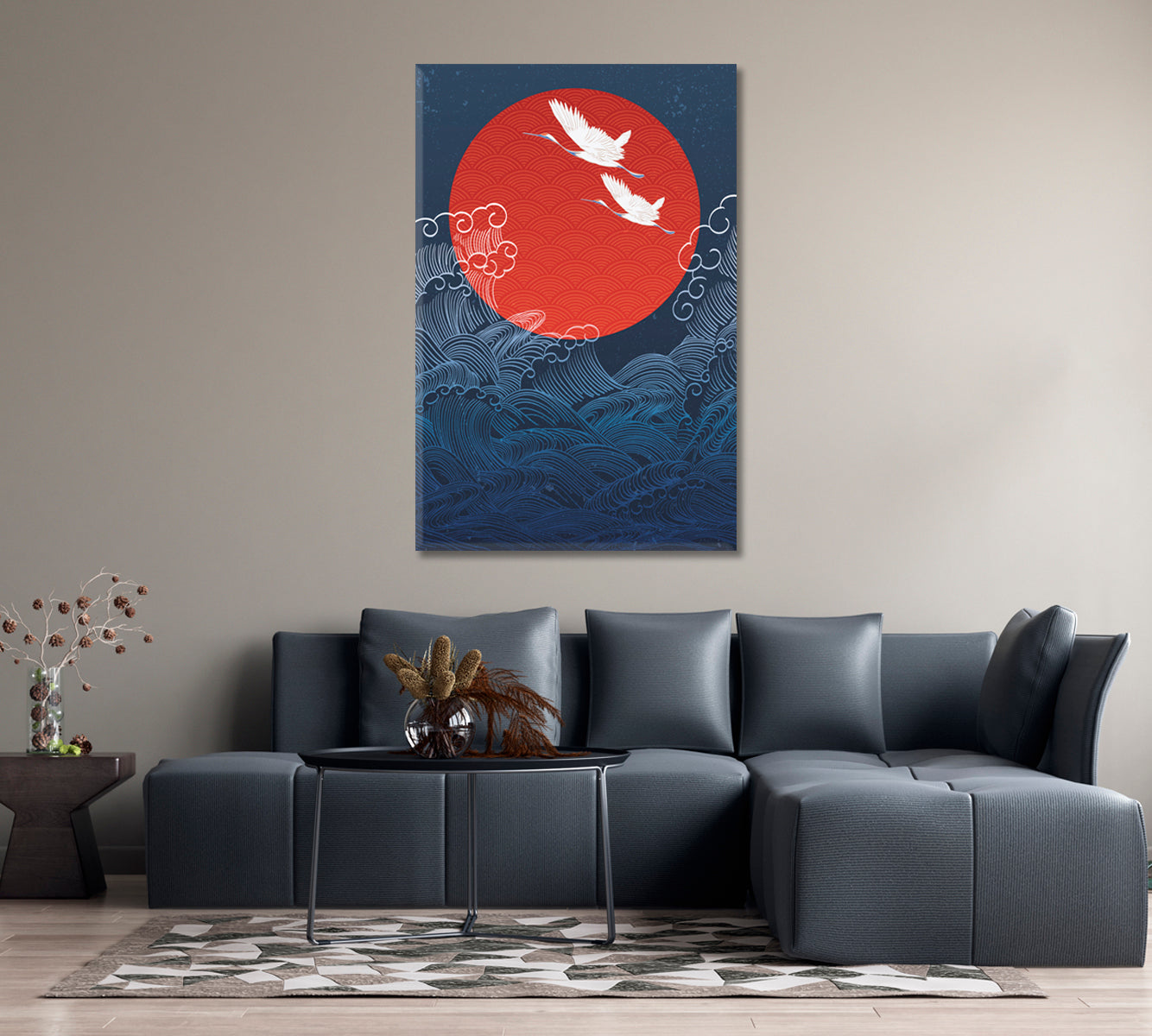 Herons Fly Against Full Moon Over the Sea Canvas Print-Canvas Print-CetArt-1 panel-16x24 inches-CetArt