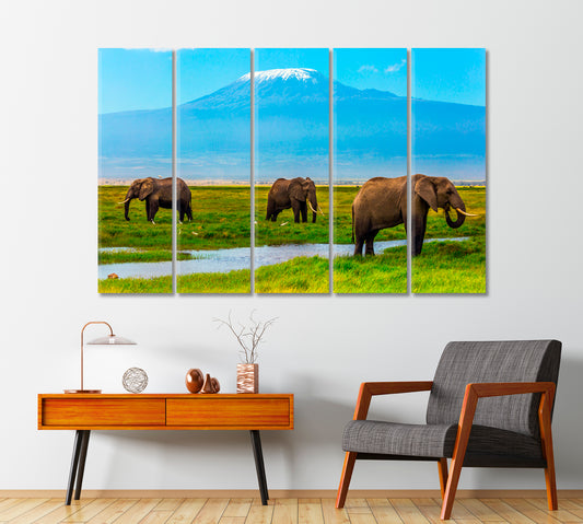 African Elephants at Mount Kilimanjaro Amboseli Reserve Kenya Canvas Print-Canvas Print-CetArt-1 Panel-24x16 inches-CetArt