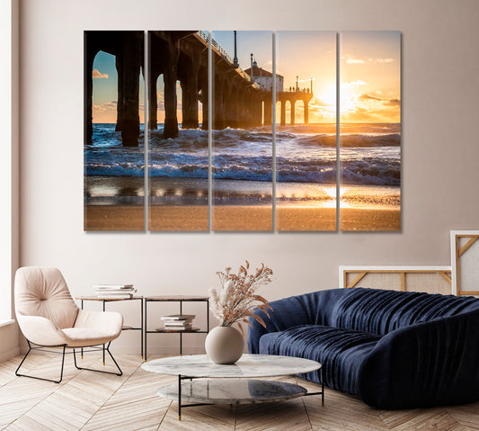 Sunset Behind the Pier at Manhattan Beach California Canvas Print-Canvas Print-CetArt-1 Panel-24x16 inches-CetArt