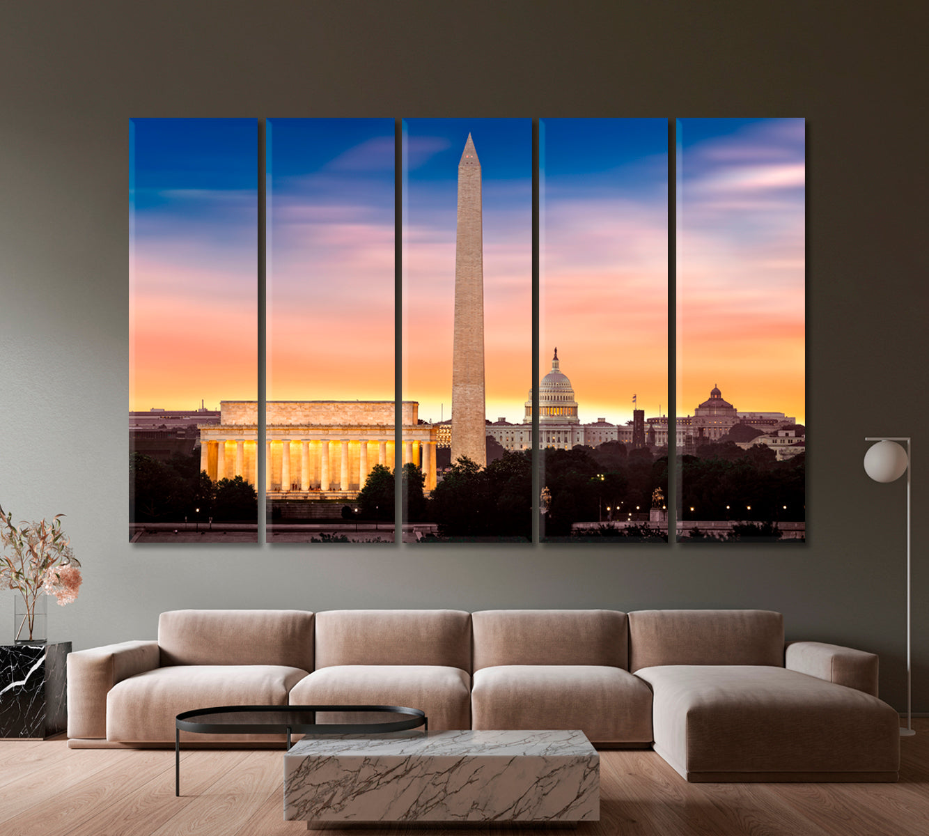 Sunrise over Lincoln Memorial Washington Monument and Capitol Canvas Print-Canvas Print-CetArt-1 Panel-24x16 inches-CetArt