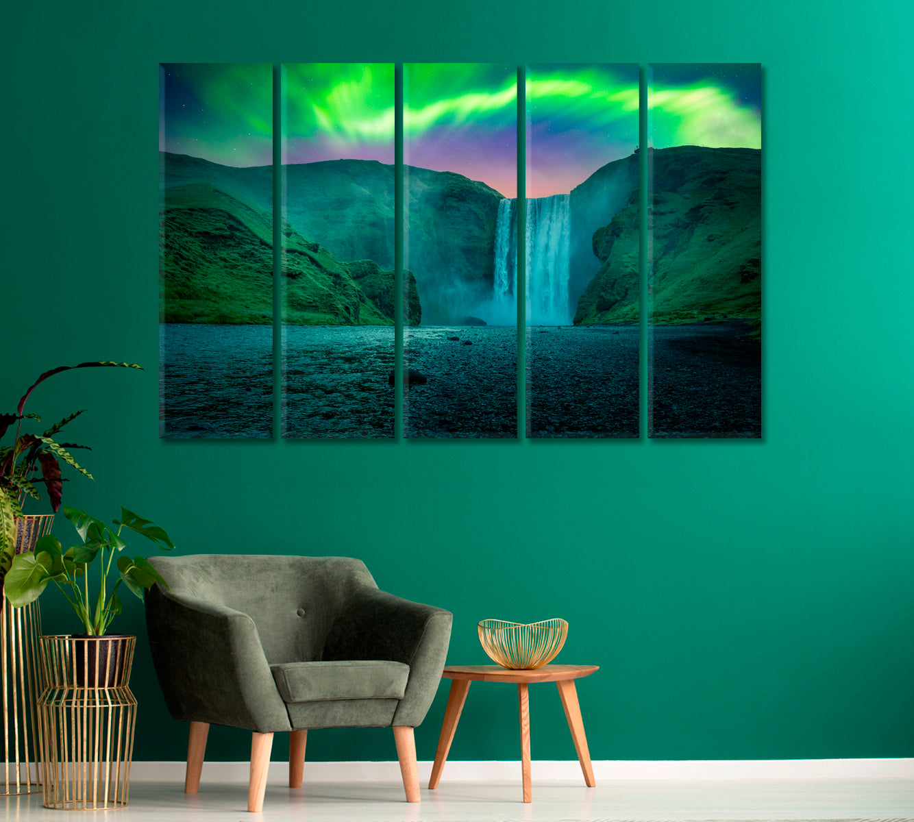 Skogafoss Waterfall with Green Aurora Light Skoga River Iceland Canvas Print-Canvas Print-CetArt-1 Panel-24x16 inches-CetArt