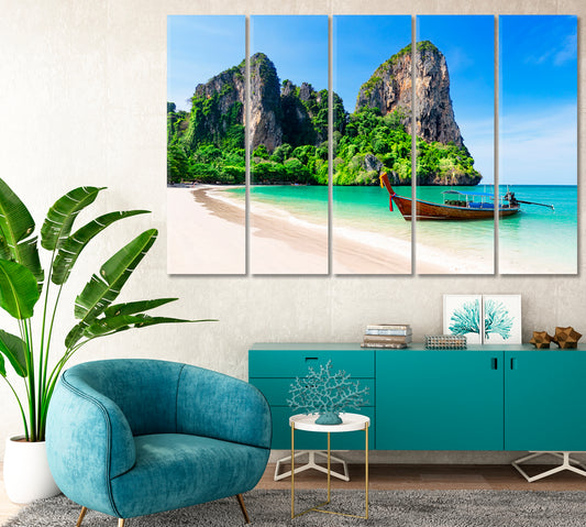 Thai Traditional Wooden Boat at Railay Beach in Thailand Canvas Print-Canvas Print-CetArt-1 Panel-24x16 inches-CetArt