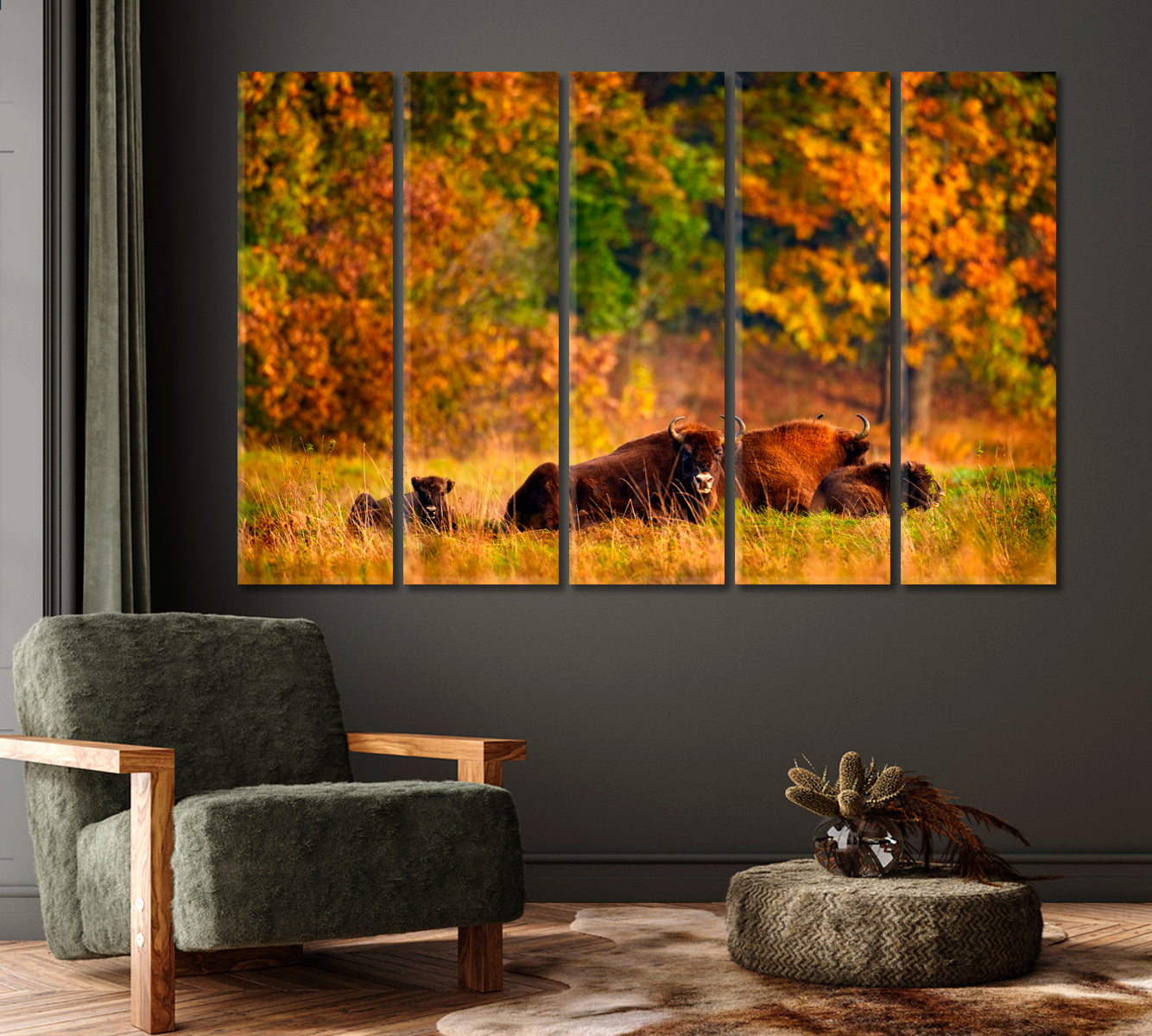 Bison Family in Autumn Forest Canvas Print-Canvas Print-CetArt-1 Panel-24x16 inches-CetArt