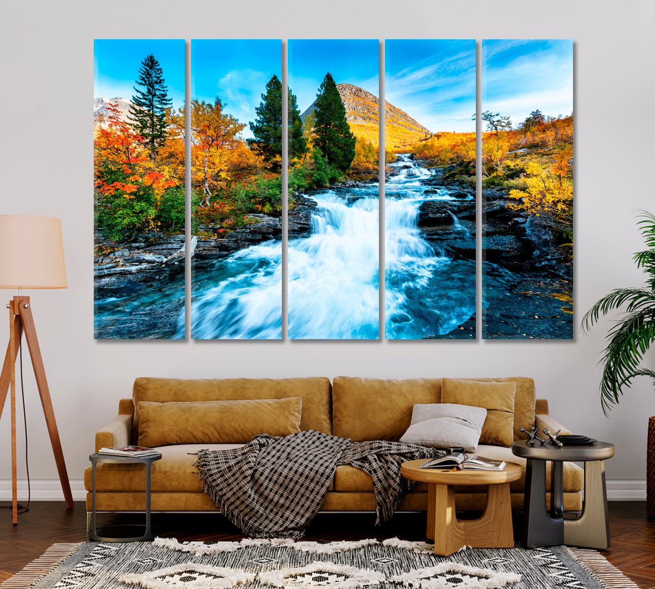 Autumn Landscape with Yellow Trees and Waterfall Canvas Print-Canvas Print-CetArt-1 Panel-24x16 inches-CetArt