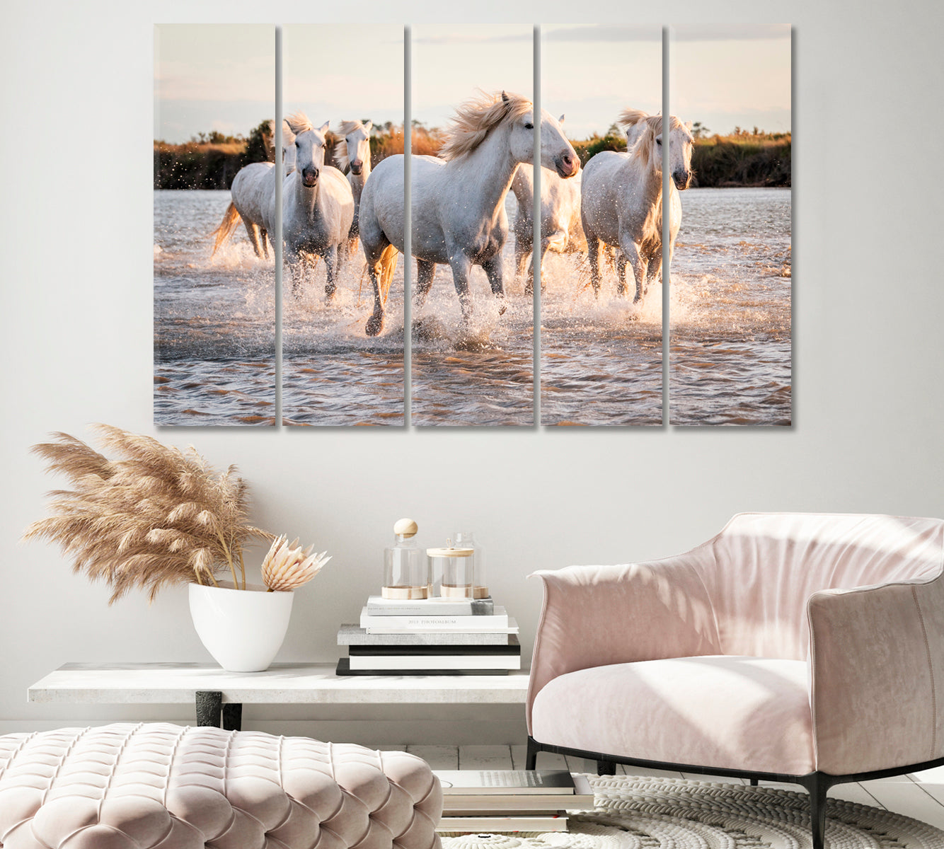 Herd of White Horses Galloping on Water Canvas Print-Canvas Print-CetArt-1 Panel-24x16 inches-CetArt