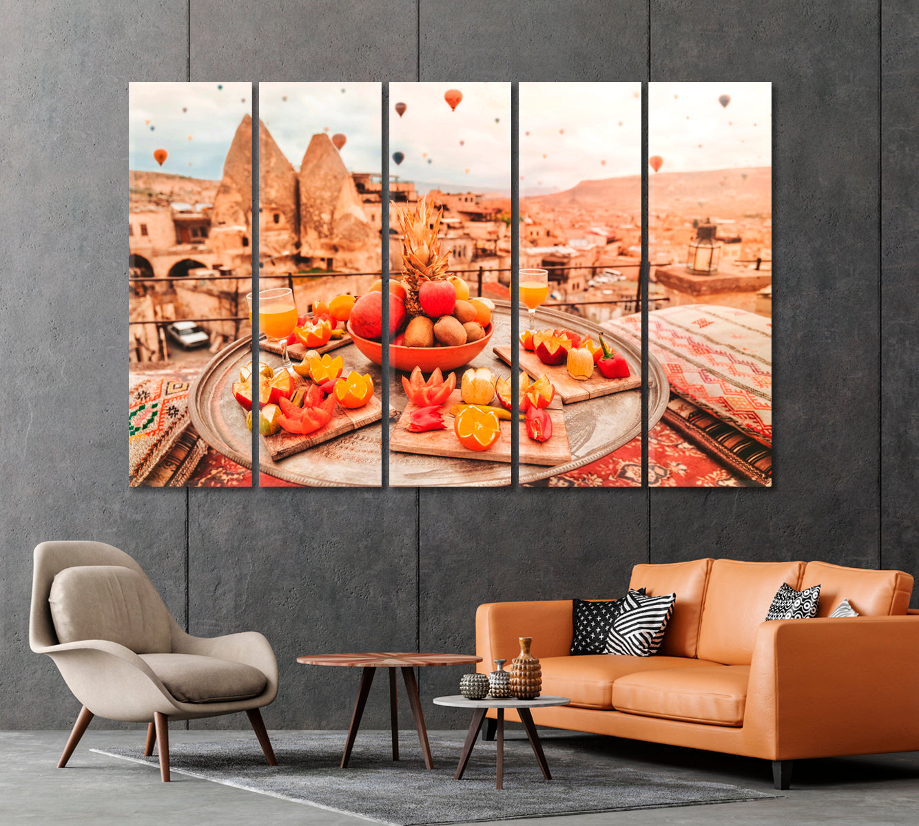 Turkish Breakfast with Cappadocia View and Flying Balloons Canvas Print-Canvas Print-CetArt-1 Panel-24x16 inches-CetArt