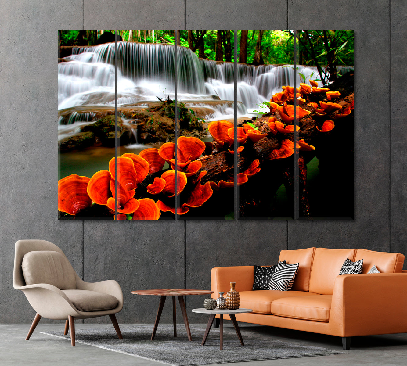 Unusual Orange Mushrooms by the Waterfall Canvas Print-Canvas Print-CetArt-1 Panel-24x16 inches-CetArt