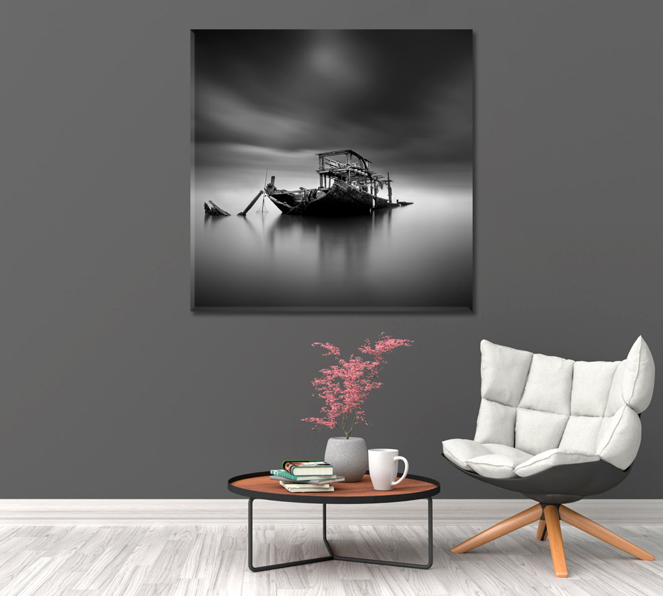 Sunken Boat at Sea in Black and White Canvas Print-Canvas Print-CetArt-1 panel-12x12 inches-CetArt