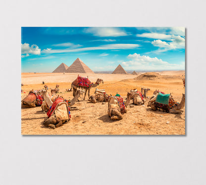 Camels in Sandy Desert near Egyptian Pyramids Canvas Print-Canvas Print-CetArt-1 Panel-24x16 inches-CetArt