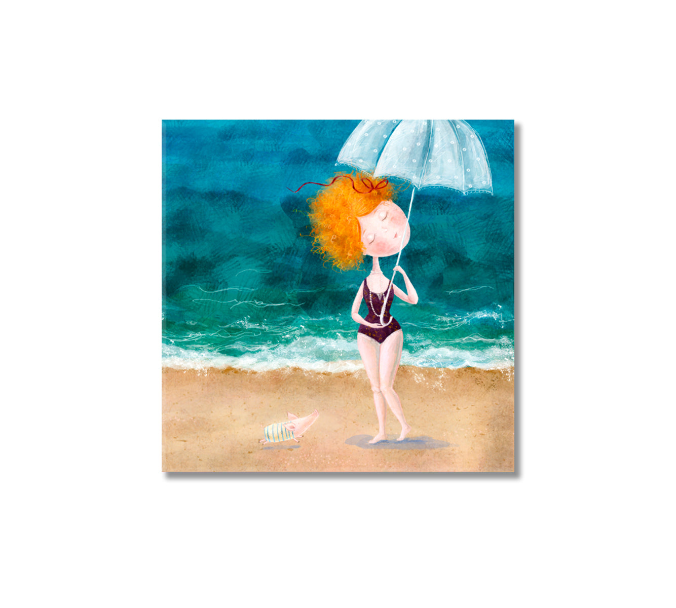 Abstract Redhead Girl with Umbrella on Beach Canvas Print-Canvas Print-CetArt-1 panel-12x12 inches-CetArt