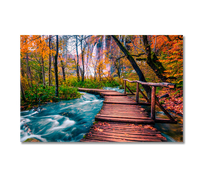 Wooden Bridge and Waterfalls in Plitvice National Park Croatia Canvas Print-Canvas Print-CetArt-1 Panel-24x16 inches-CetArt