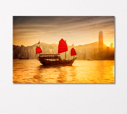 Sunset in Hong Kong Skyline with Sailing Boat in Victoria Harbor Canvas Print-Canvas Print-CetArt-1 Panel-24x16 inches-CetArt