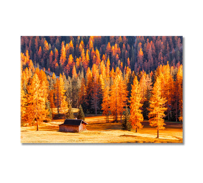 Wooden House Surrounded by Autumn Dolomites Trees Canvas Print-Canvas Print-CetArt-1 Panel-24x16 inches-CetArt