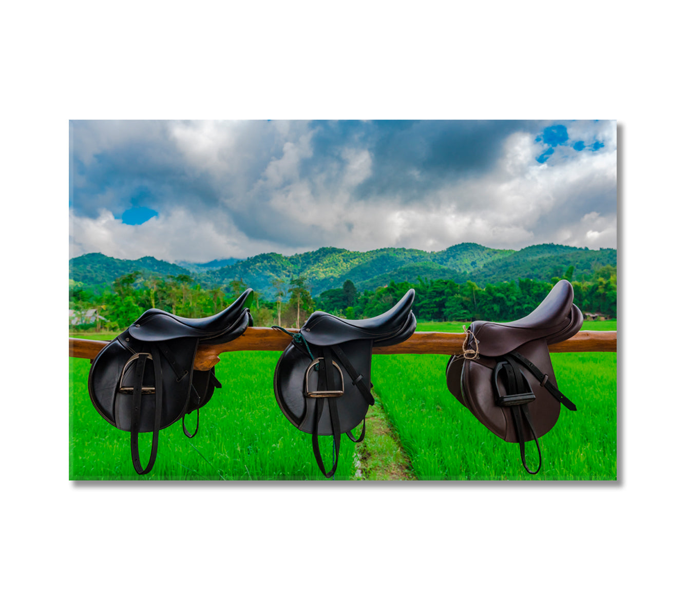 Saddle in Horse Farm with Mountain Landscape Canvas Print-Canvas Print-CetArt-1 Panel-24x16 inches-CetArt