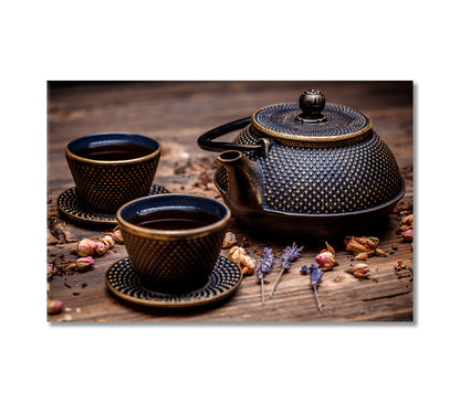 Black Cast Iron Teapot and Cup of Tea Canvas Print-Canvas Print-CetArt-1 Panel-24x16 inches-CetArt