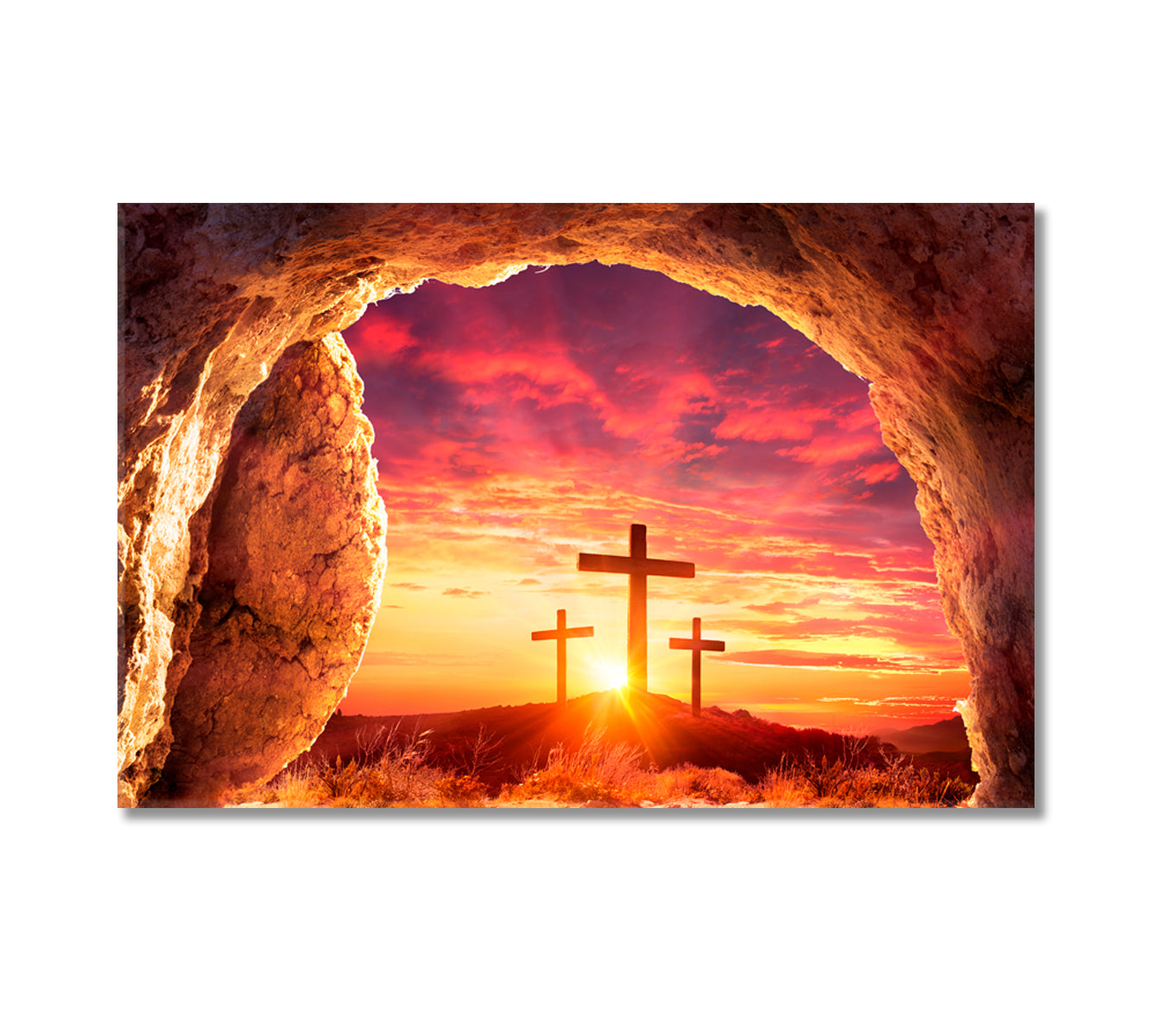 Empty Tomb With Three Crosses On Hill Canvas Print-Canvas Print-CetArt-1 Panel-24x16 inches-CetArt