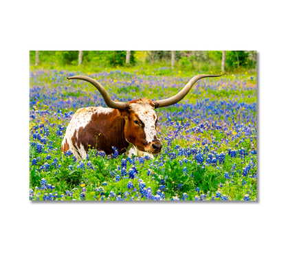 Texas Longhorn Cow in Bluebonnet Field Canvas Print-Canvas Print-CetArt-1 Panel-24x16 inches-CetArt