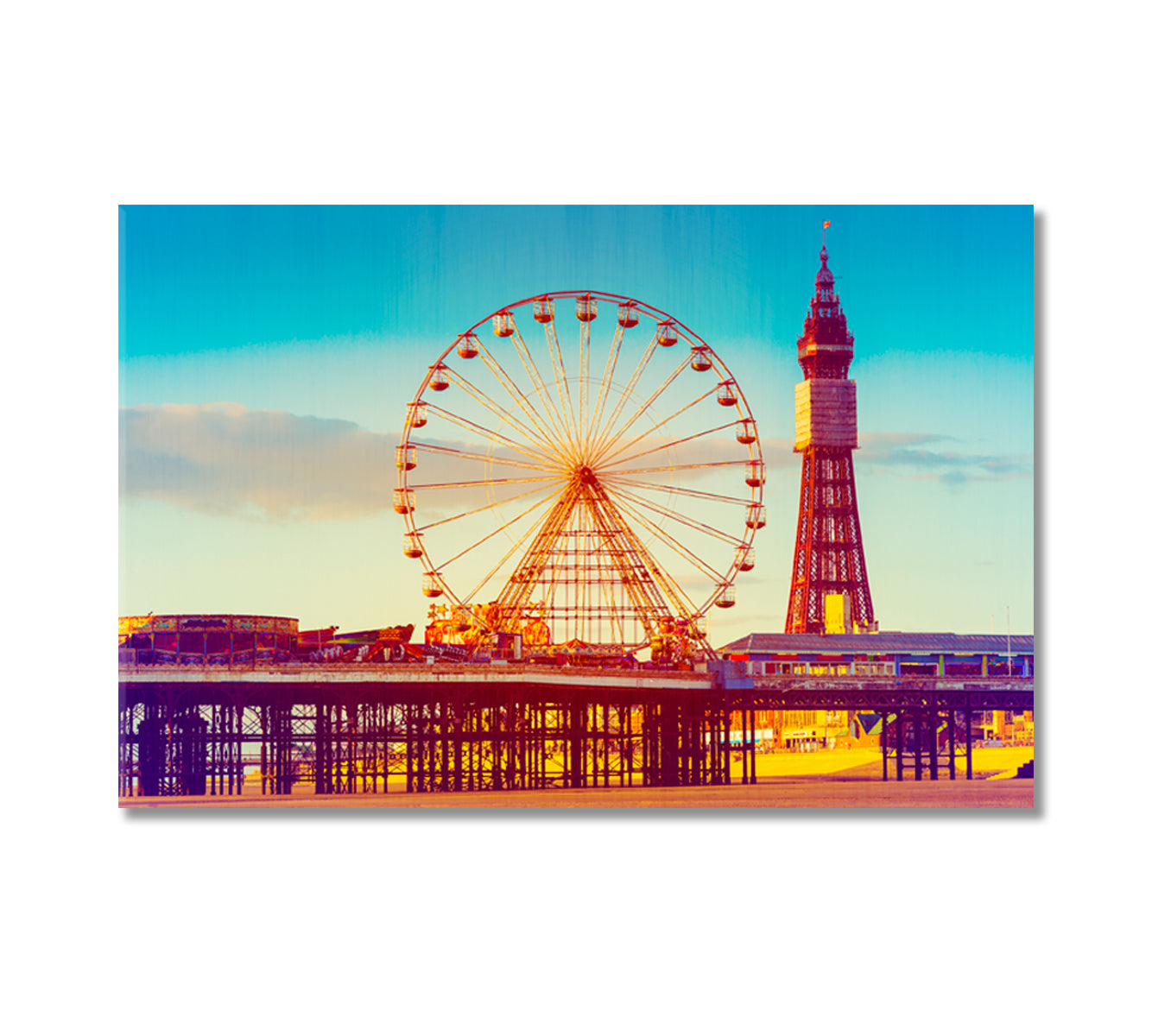 Effect Blackpool Tower and Central Pier Ferris Wheel UK Canvas Print-Canvas Print-CetArt-1 Panel-24x16 inches-CetArt