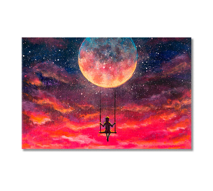 Girl Rides on Swing on the Moon Fantasy Art Canvas Print-Canvas Print-CetArt-1 Panel-24x16 inches-CetArt