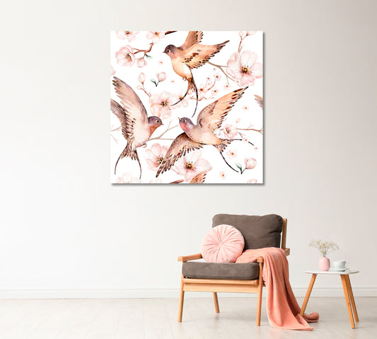 Watercolor Spring Flying Swallows Canvas Print-Canvas Print-CetArt-1 panel-12x12 inches-CetArt