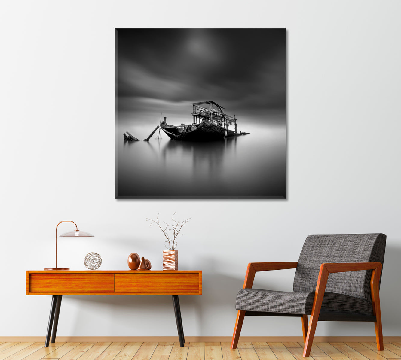 Sunken Boat at Sea in Black and White Canvas Print-Canvas Print-CetArt-1 panel-12x12 inches-CetArt