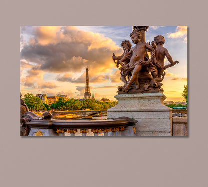 Sculpture on Alexandre III Bridge and Eiffel Tower Paris Canvas Print-Canvas Print-CetArt-1 Panel-24x16 inches-CetArt