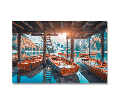 Landscape with Mountains and Wooden Boats in Famous Braies Lake Canvas Print-Canvas Print-CetArt-1 Panel-24x16 inches-CetArt