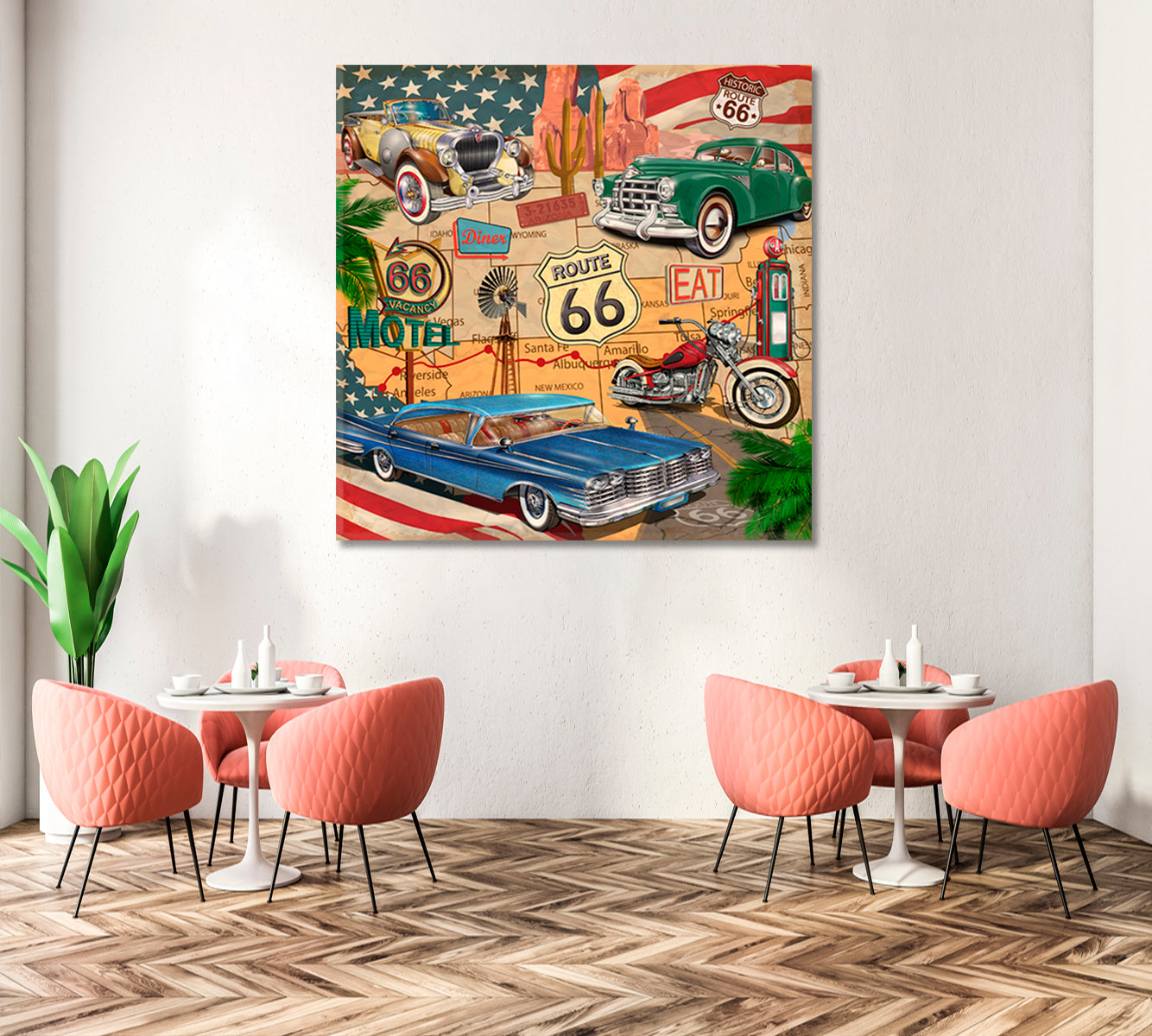 Vintage Route 66 with Retro Cars Canvas Print-Canvas Print-CetArt-1 panel-12x12 inches-CetArt