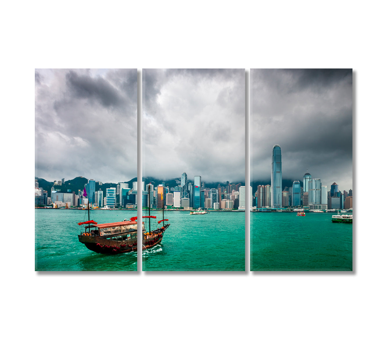 Hong Kong Cityscape with Boats in River Canvas Print-Canvas Print-CetArt-3 Panels-36x24 inches-CetArt