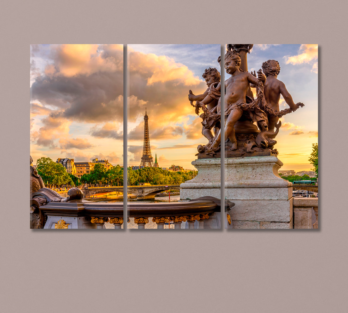 Sculpture on Alexandre III Bridge and Eiffel Tower Paris Canvas Print-Canvas Print-CetArt-3 Panels-36x24 inches-CetArt