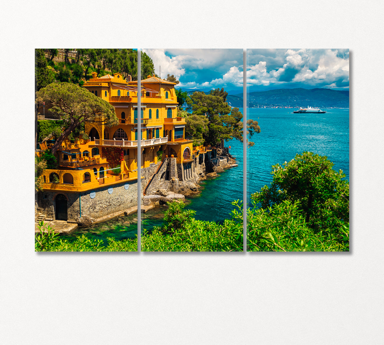 Luxury House on Promenade of Portofino Bay Italy Canvas Print-Canvas Print-CetArt-3 Panels-36x24 inches-CetArt