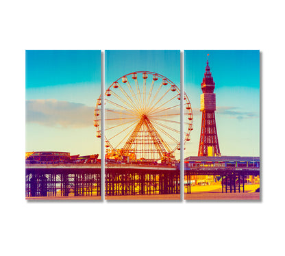 Effect Blackpool Tower and Central Pier Ferris Wheel UK Canvas Print-Canvas Print-CetArt-3 Panels-36x24 inches-CetArt