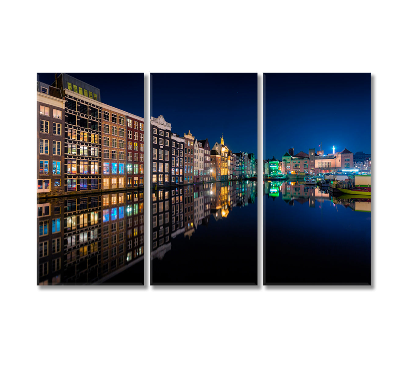 Beautiful Traditional Old Houses in Amsterdam at Night Canvas Print-Canvas Print-CetArt-3 Panels-36x24 inches-CetArt