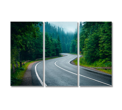 Beautiful Mountain Road in Foggy Forest on Rainy Day Canvas Print-Canvas Print-CetArt-3 Panels-36x24 inches-CetArt