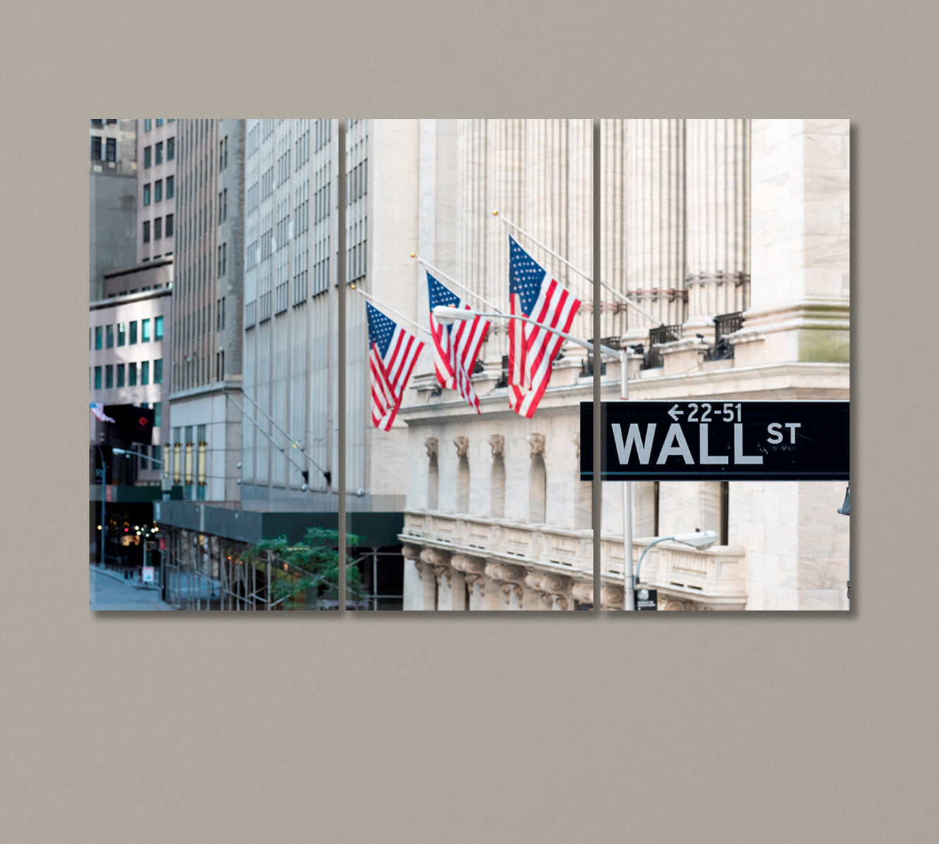 Wall Street Sign with American Flags Canvas Print-Canvas Print-CetArt-3 Panels-36x24 inches-CetArt