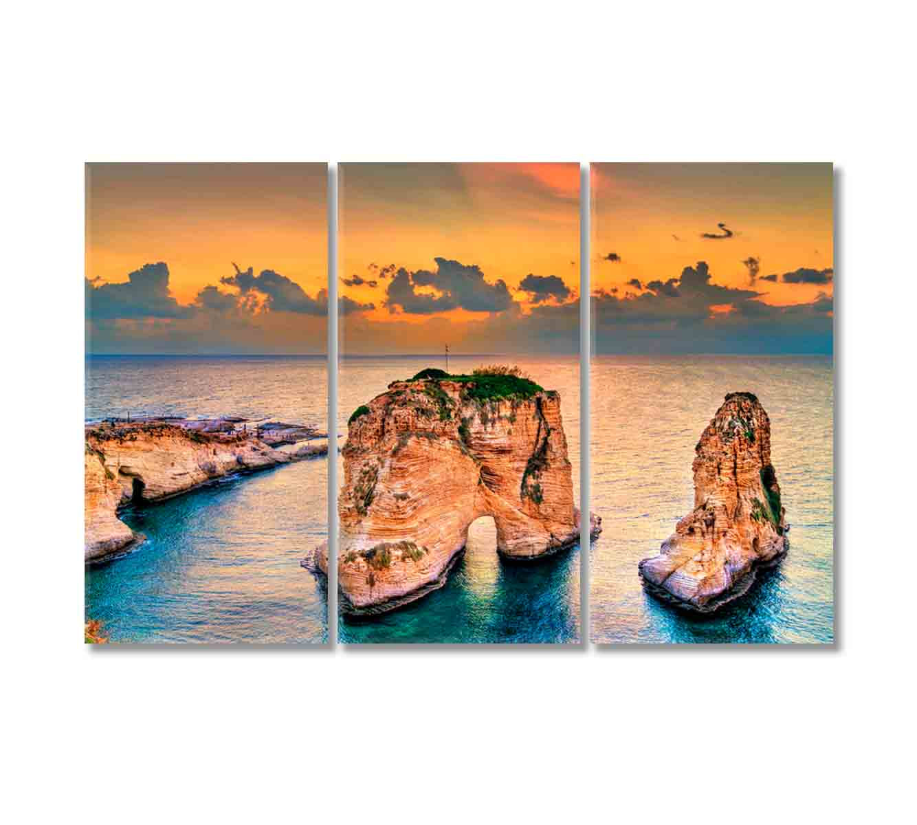 Raouche Rocks at Sunset Beirut Canvas Print-Canvas Print-CetArt-3 Panels-36x24 inches-CetArt