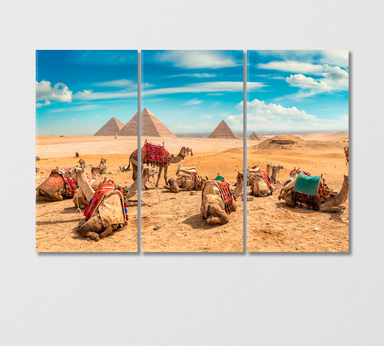 Camels in Sandy Desert near Egyptian Pyramids Canvas Print-Canvas Print-CetArt-3 Panels-36x24 inches-CetArt