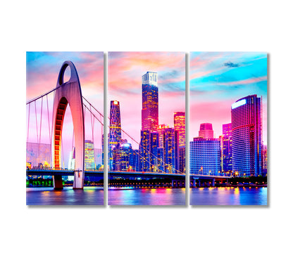 Guangzhou Cityscape over Pearl River with Liede Bridge Canvas Print-Canvas Print-CetArt-3 Panels-36x24 inches-CetArt