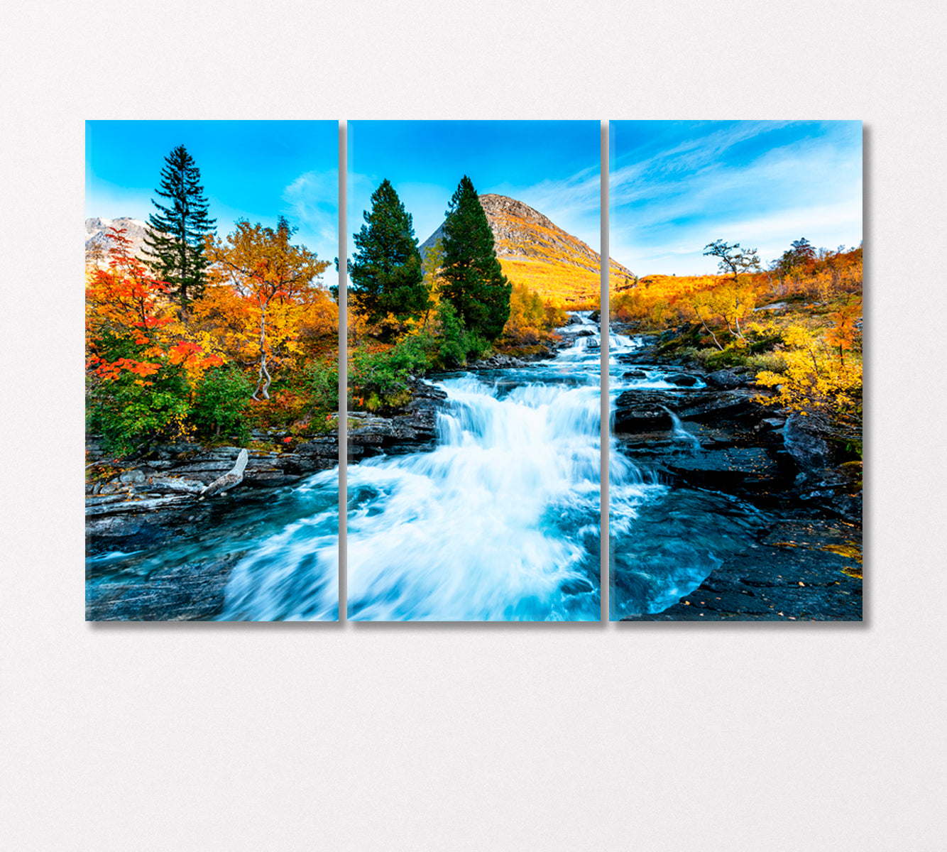 Autumn Landscape with Yellow Trees and Waterfall Canvas Print-Canvas Print-CetArt-3 Panels-36x24 inches-CetArt