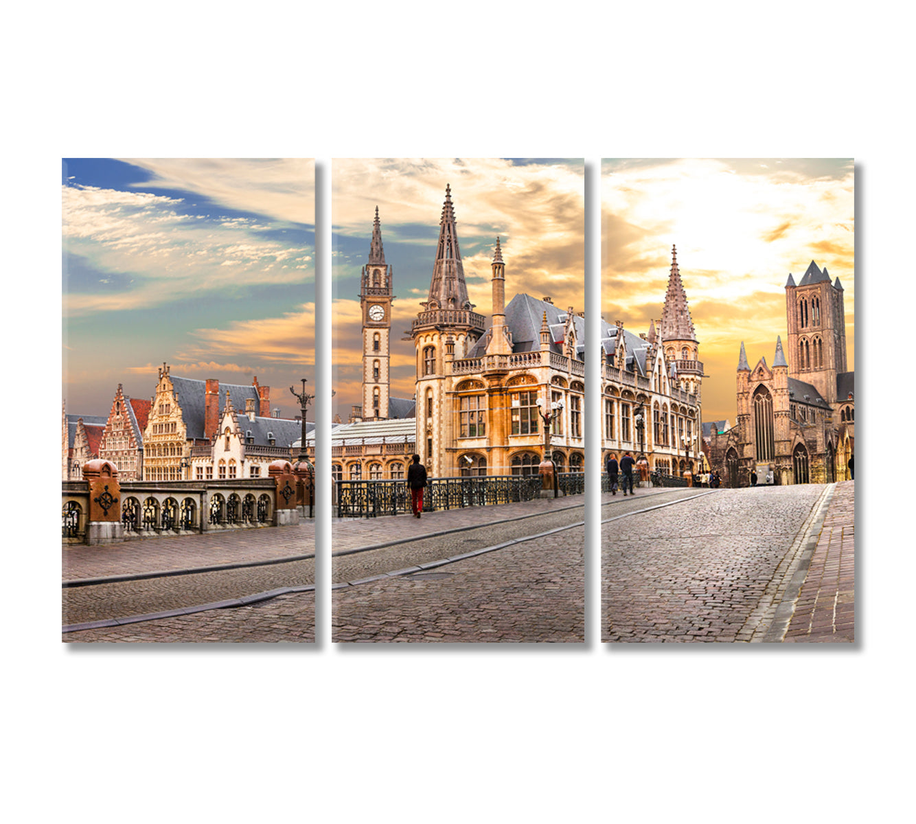 Medieval Ghent over Sunset Belgium Canvas Print-Canvas Print-CetArt-3 Panels-36x24 inches-CetArt