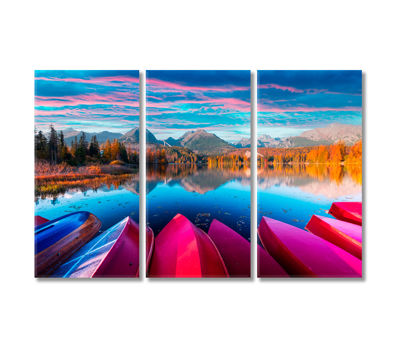 Red Wooden Boats at Lake Strbske Pleso in High Tatras National Park Slovakia Canvas Print-Canvas Print-CetArt-3 Panels-36x24 inches-CetArt