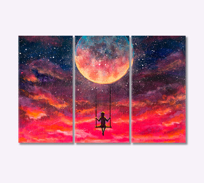 Girl Rides on Swing on the Moon Fantasy Art Canvas Print-Canvas Print-CetArt-3 Panels-36x24 inches-CetArt