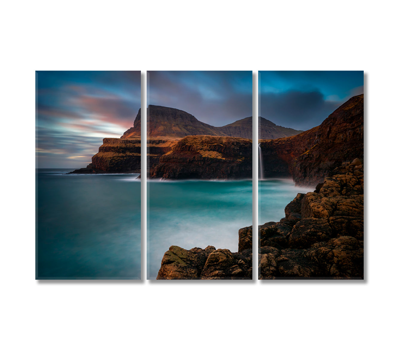 Mulafossur Waterfall on Vagar Island Faroe Islands Canvas Print-Canvas Print-CetArt-3 Panels-36x24 inches-CetArt