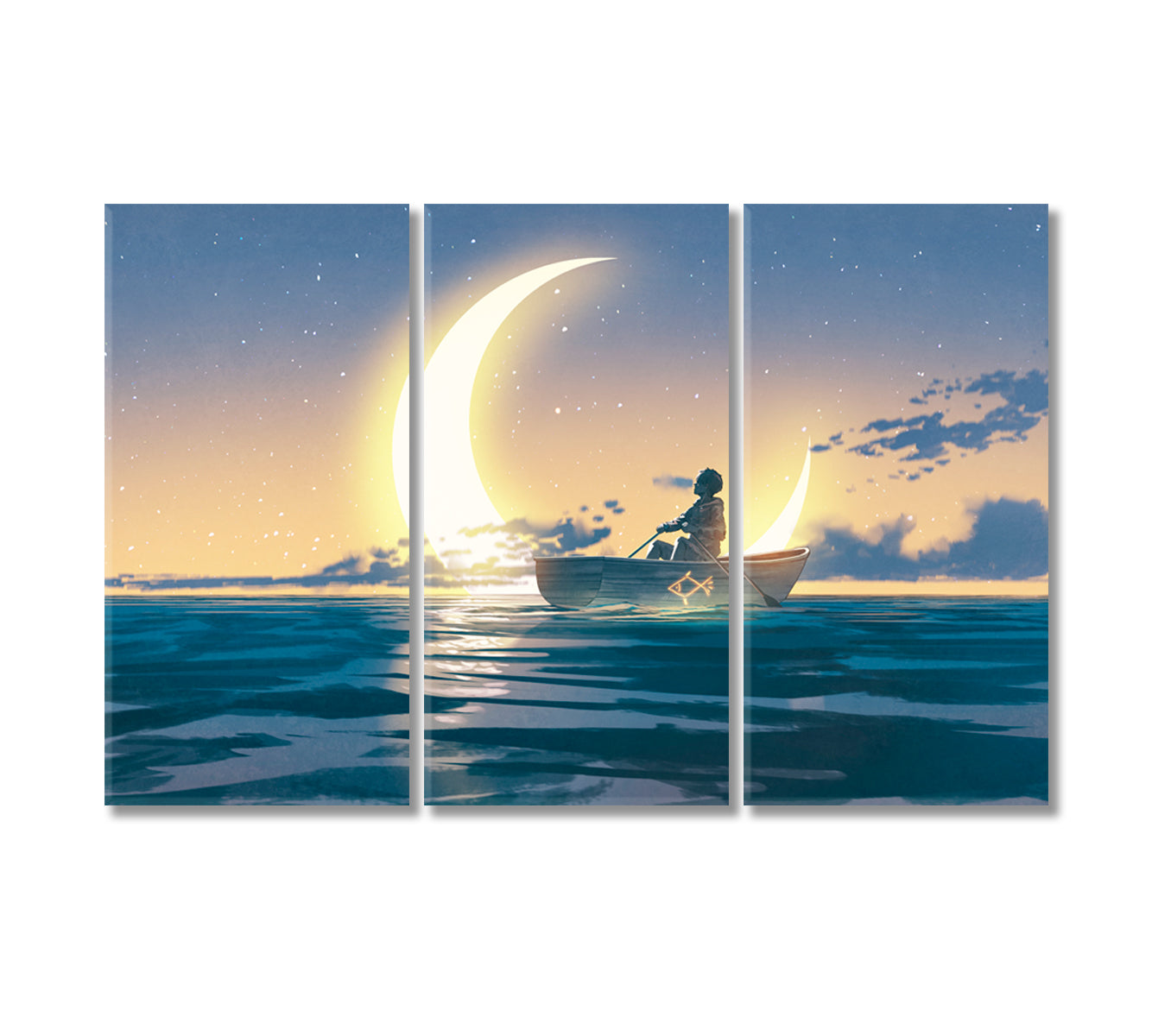 Man in Boat at Sea with Crescent Canvas Print-Canvas Print-CetArt-3 Panels-36x24 inches-CetArt