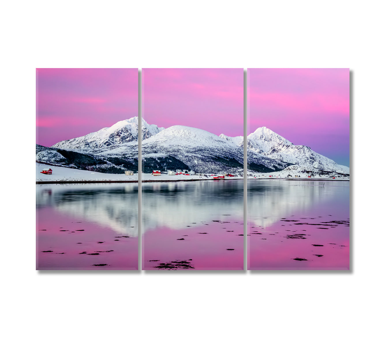 Offersoya Village with Snowy Mountains Lofoten Canvas Print-Canvas Print-CetArt-3 Panels-36x24 inches-CetArt