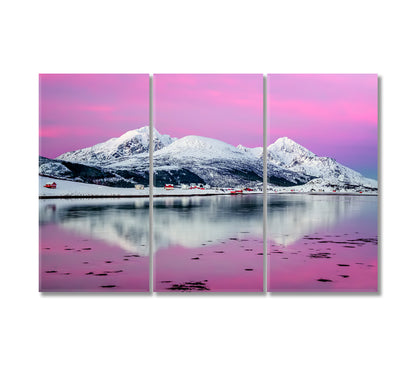 Offersoya Village with Snowy Mountains Lofoten Canvas Print-Canvas Print-CetArt-3 Panels-36x24 inches-CetArt