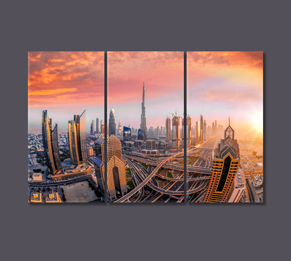 Modern Buildings Dubai and Highway at Sunset Canvas Print-Canvas Print-CetArt-3 Panels-36x24 inches-CetArt